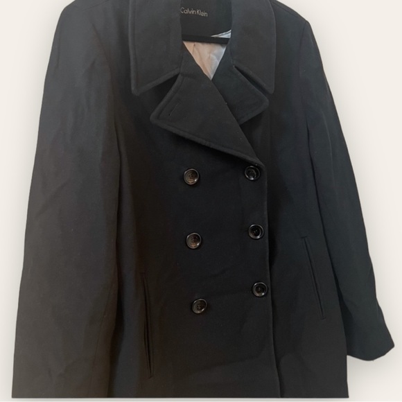 CALVIN KLEIN - Double Breasted Wool Blend Classic Pea Coat BLACK Blazer Jacket - Picture 4 of 10